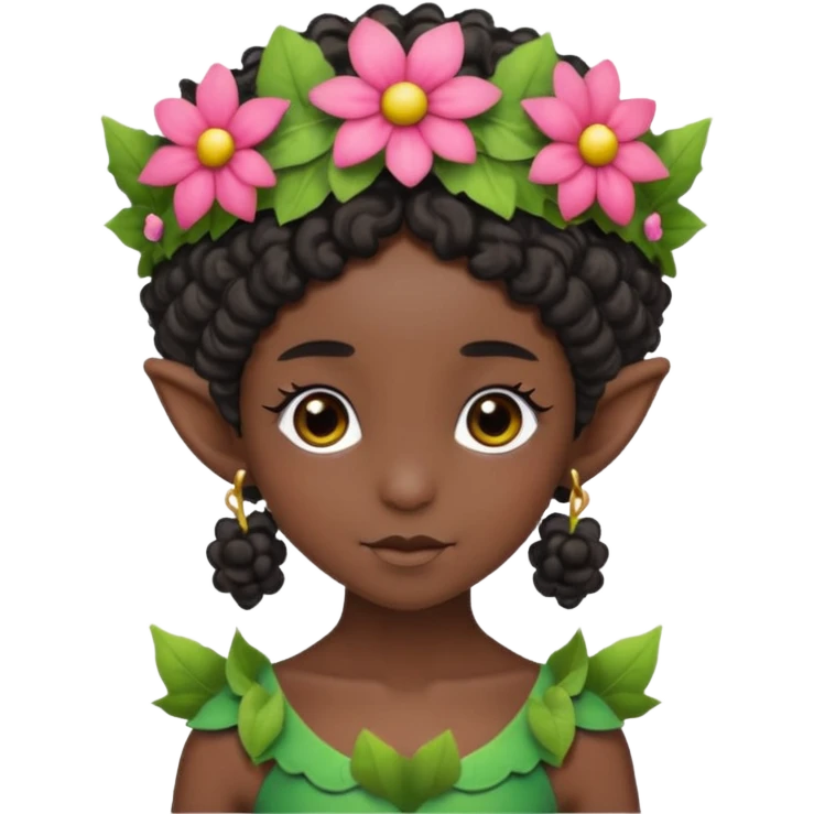 tiny Elf with Flower Crown, curley hair, black emoji