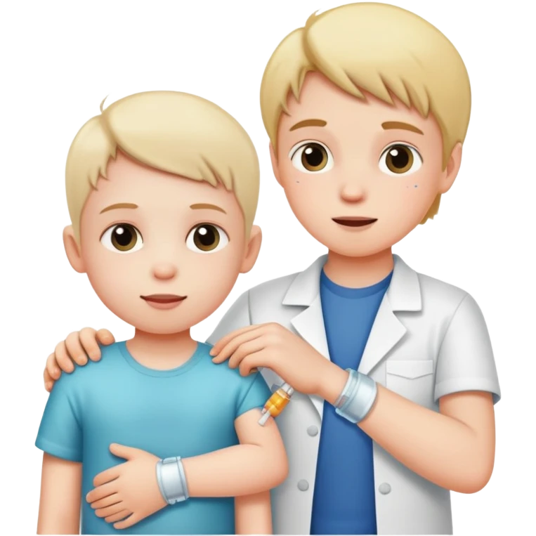 a kid with desnutrition with a brazelete and a vaccine emoji