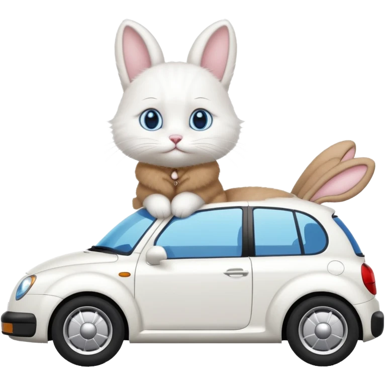 Please create a small emoji the size of 🚗 featuring a pure white cat with bunny tail (not ears) with blue eyes on a white saloon car viewed from side. Again it is necessary that the emoji must be extremely small, much smaller than a standard sized sticker. emoji