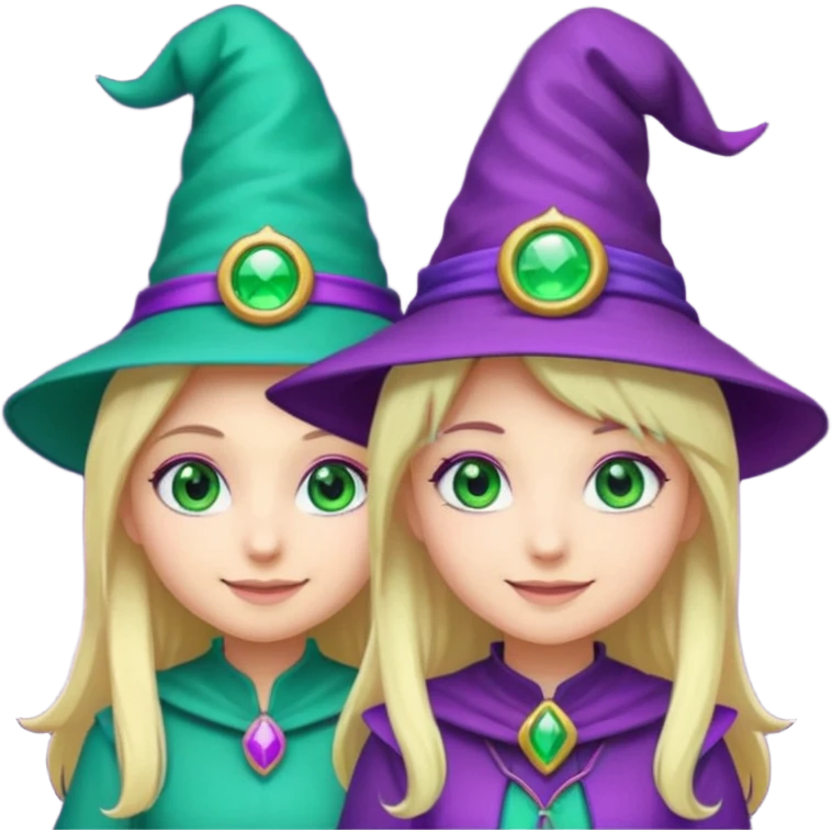 Make a blonde girl with green glowing headset on with teal eyes and a purple haired girl with green eyes waering a purple wit hes hat haveing fun , make them a chibi emoji page emoji