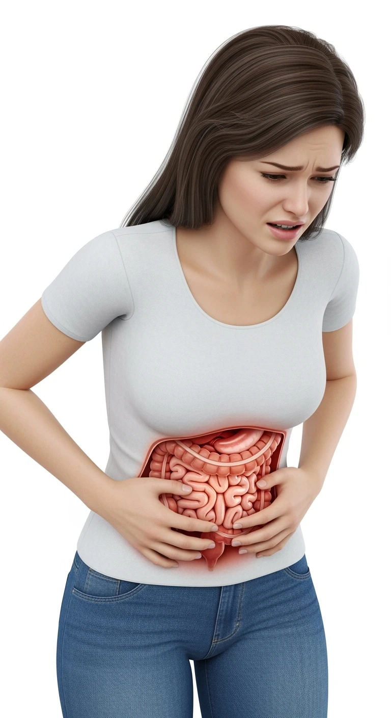 DONNA CON MAL DI PANCIA E INTESTINO UMANO ANATOMICO VISIBILE, IPERREALISTICO 4K, SFONDO BIANCO emoji