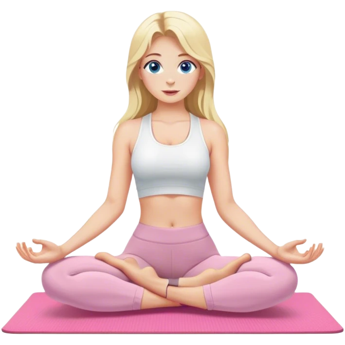 Cinematic realistic blonde with long hair and blue eyes, dressed in a white top and khaki leggings, does yoga on a pink mat emoji