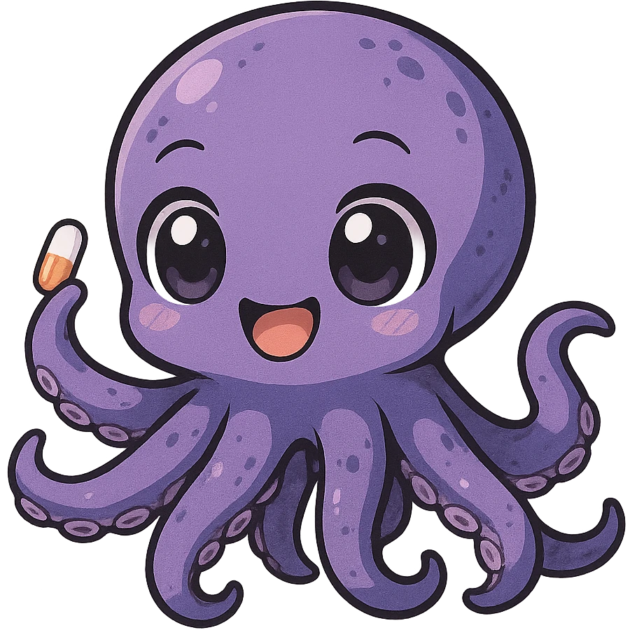 cute small anime kraken with wide, excited eyes, holding a tiny amphetamine pill, darknet and drugs theme emoji
