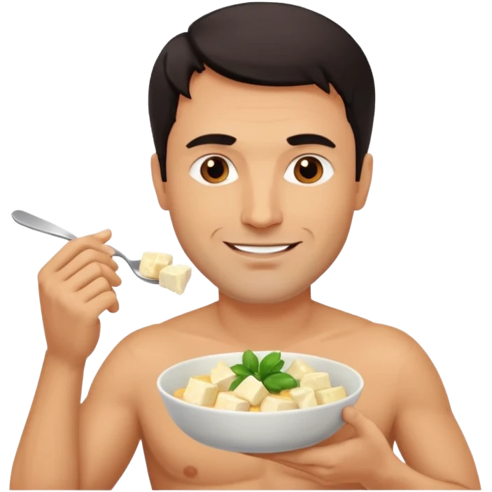 A handsome 45 year old white man with dark hair eating paneer sexily. emoji