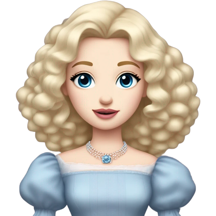 girl with blonde hair pale skin blue eyes. Pink lips blush Smokey eye (but not too much). Make her face. I want her hair fresh out of rollers.  princess dress, puffed sleeves and the choker necklace (think Versailles but not too much). emoji