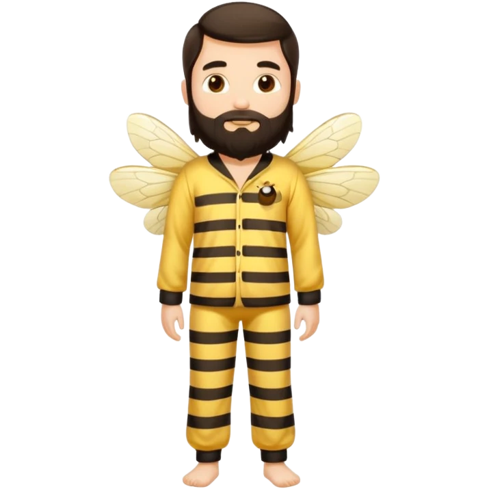 Grown up man with long dark brown long hair, white skin, medium beard, full body in cute bee pijama emoji