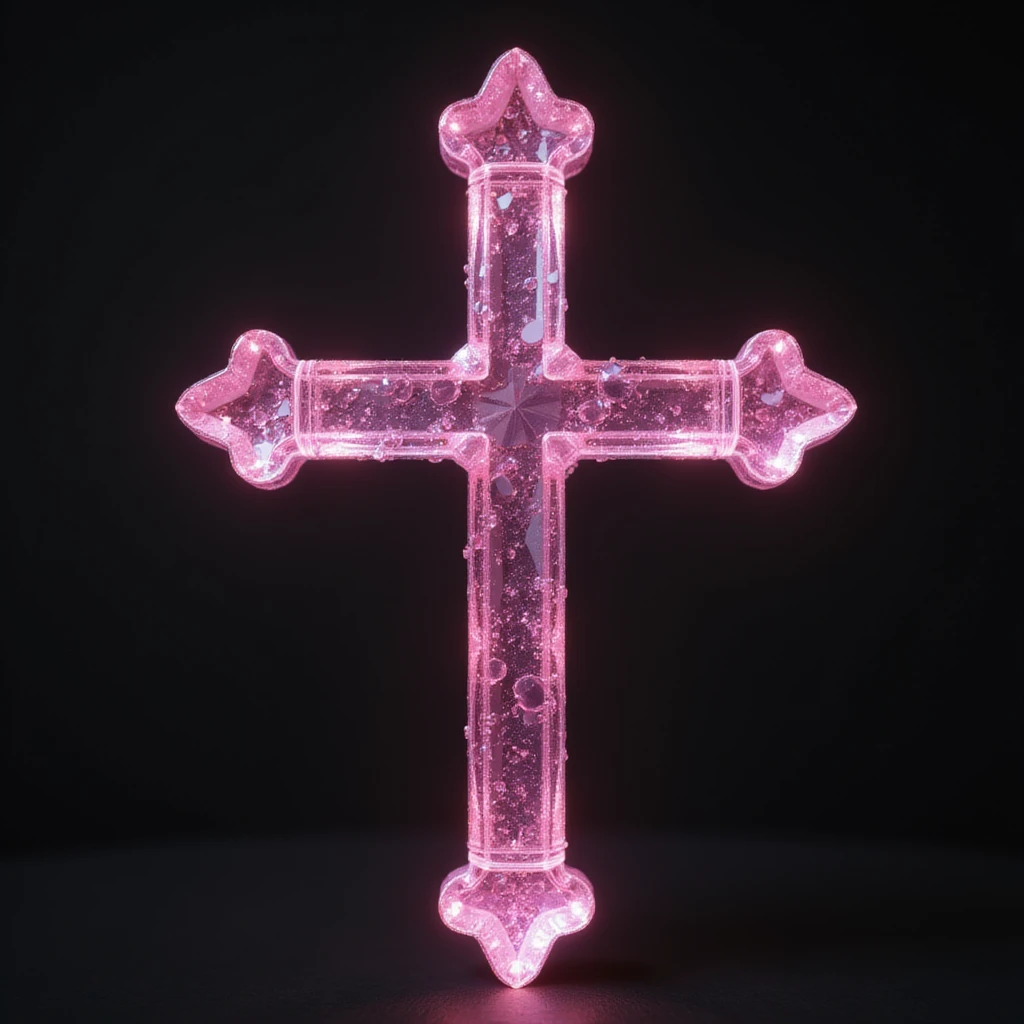 realistic gothic cross, pink with a crystal teardrop, photorealistic style emoji