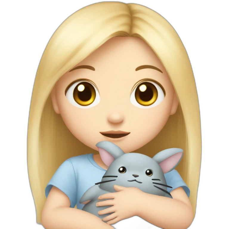 bébé fille blonde décoiffée aux yeux bleus avec une peluche Totoro  emoji