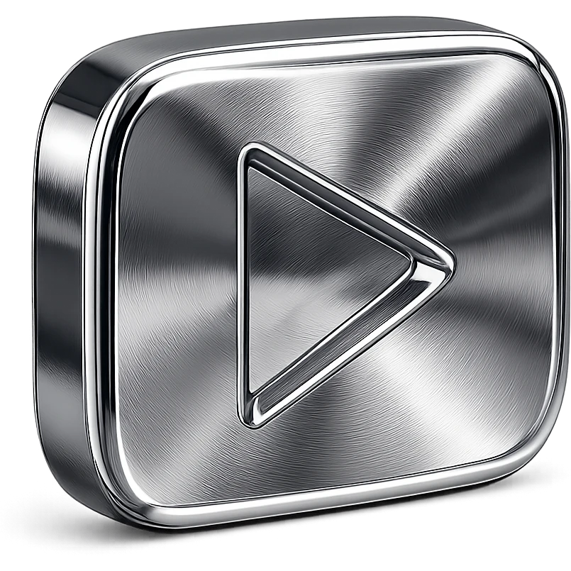 chrome style play button, highly reflective and metallic, smooth triangular shape emoji