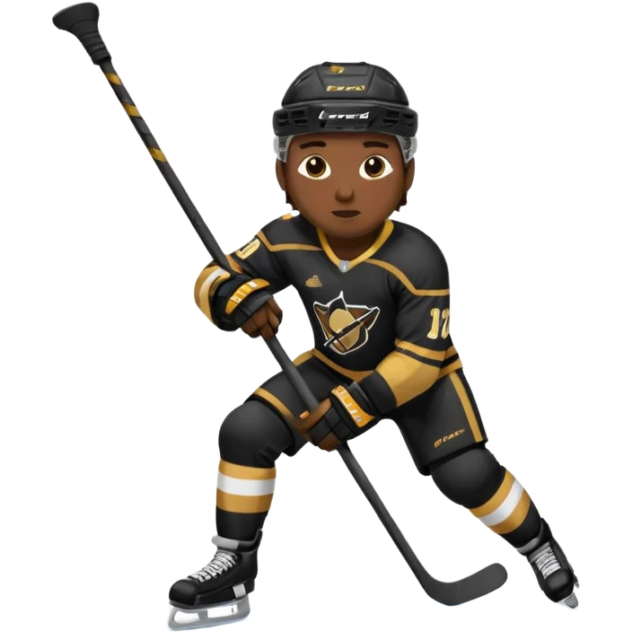 Back Shot Of Hockey Player Celebrating, sliding on one knee, with Left hand raised holding his stick by the middle of the shaft. Right Hand Touching the ice.
Black and Gold Jersey emoji
