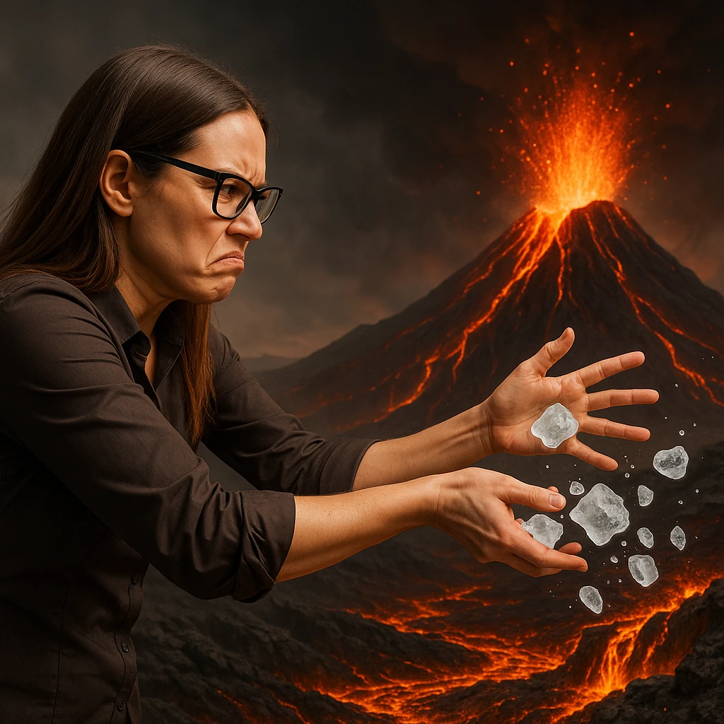 Create a hyperrealistic woman similar to the reference photo, side view, throwing ice onto a volcano full of lava with no effect. The expression should show frustration. The scene is symbolic with detailed features. emoji