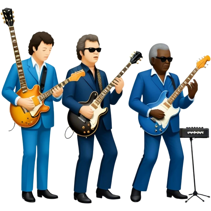 Icon for Blues Music: close-up collage of legendary blues artists. Gary Moore, Eric Clapton, B.B. King and Joe Cocker. Represented by silhouettes or symbolic items like guitars, microphones, or music notes, reflecting the soulful energy of blues music. Transparent background. emoji