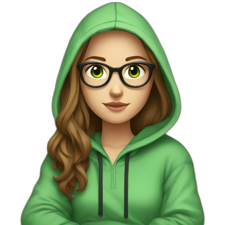 a white girl wearing glasses and a hoddie with green eyes and brown long hair sitting on a couch watching tv emoji