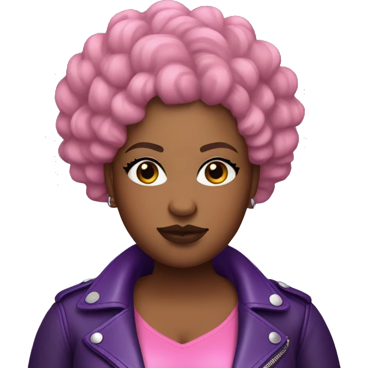 Plus size black woman with bald short pink curly hair and a purple leather biker jacket with makeup on face. emoji