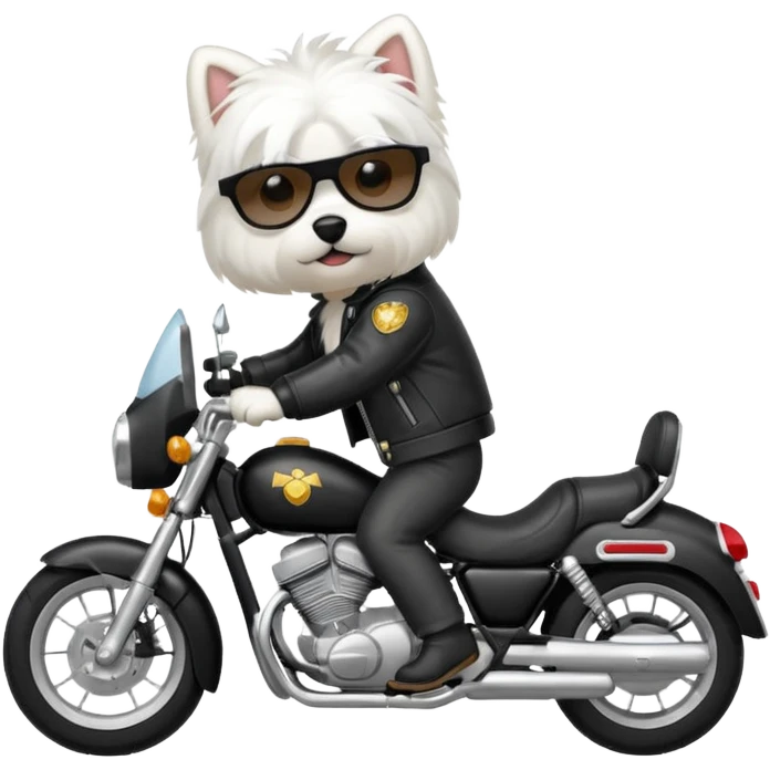 Maltese dog wearing a leather jacket and riding a motorcycle  emoji