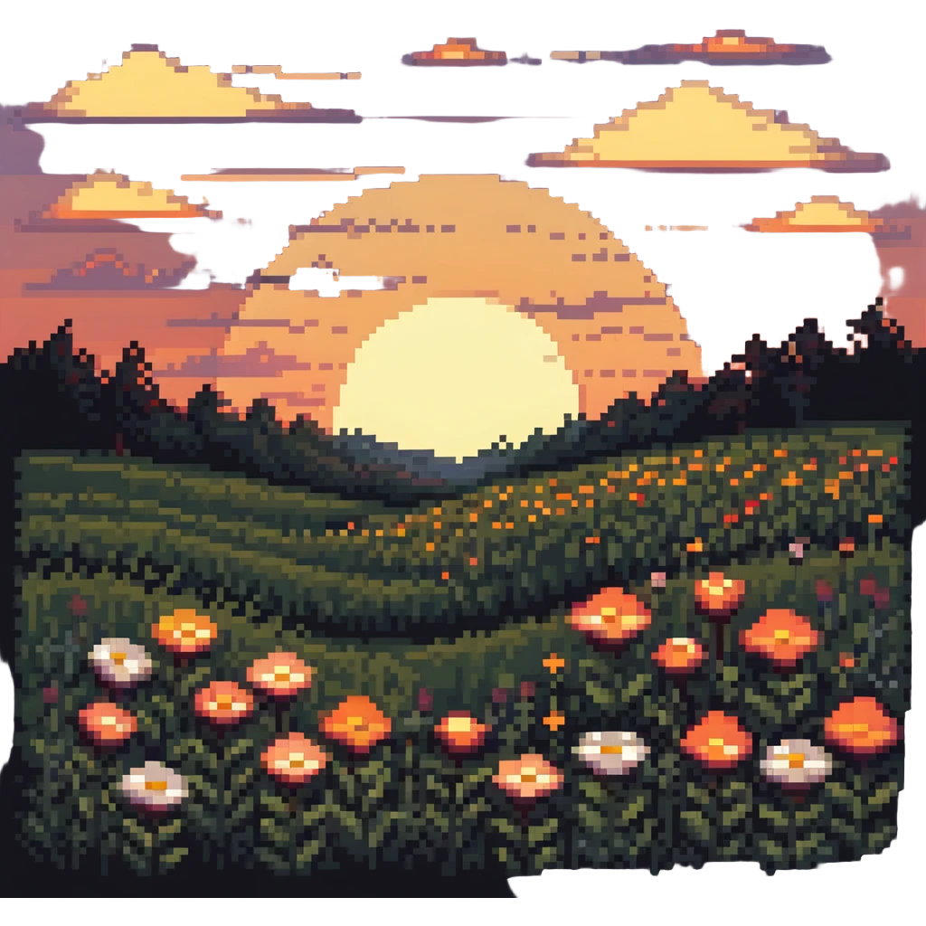 sunset over a meadow with flowers emoji