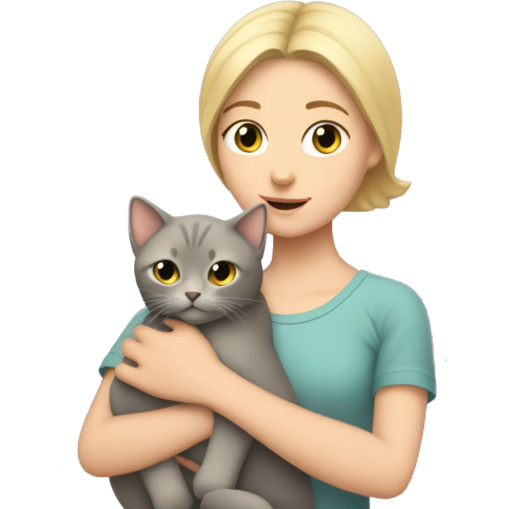 blonde girl with short hair holds a gray fold-eared cat in her arms emoji