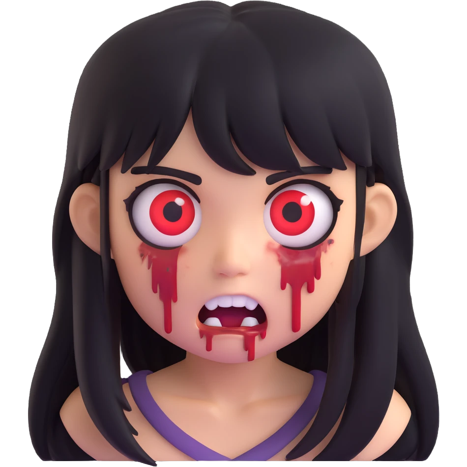 zombie girl emoji, medium long black hair, bangs, scary face, threatening expression emoji