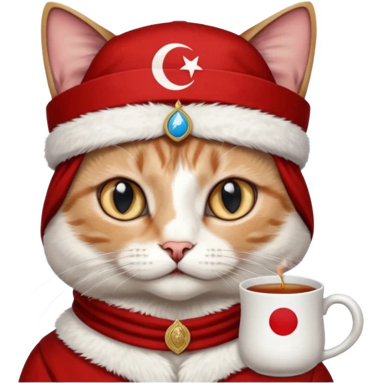 Arkasında Türk bayrağı olan  ve çay içen kafasına fes takan bir van kedisi emoji