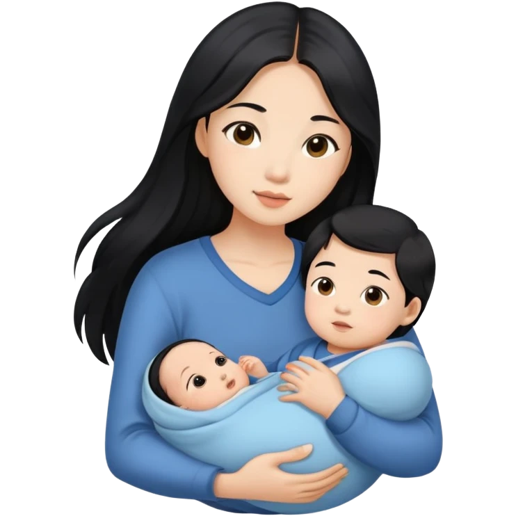 Beautiful Asian girl with long black hair and brown eyes holding baby boy in her arms emoji