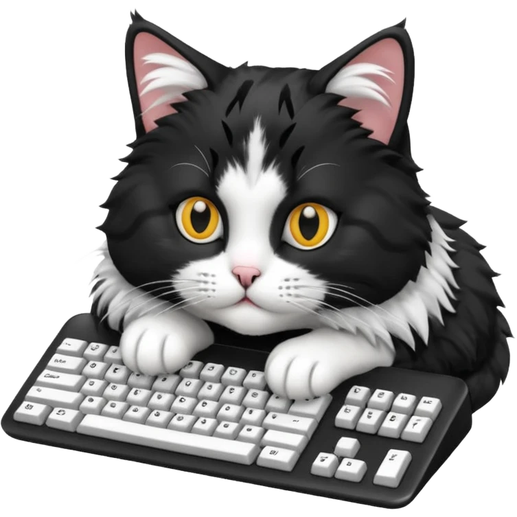 black and white cat laying on computer keyboard emoji