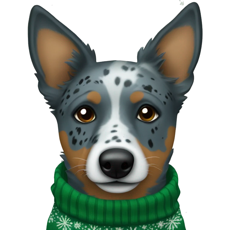 Blue heeler dog with one black spot on left eye in a green Christmas sweater emoji