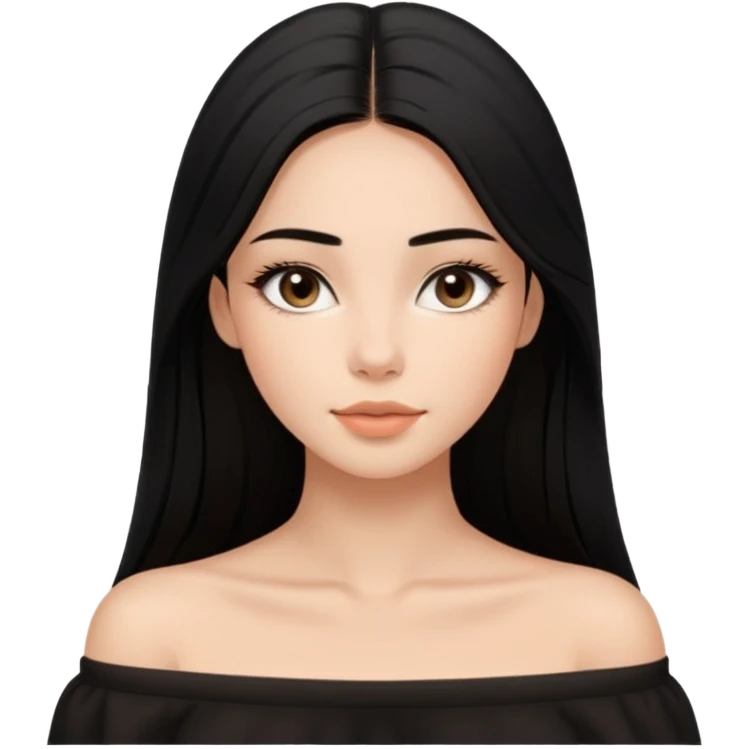 A realistic 3D avatar of a young woman with a soft oval face, slim cheeks, natural almond eyes, long straight black hair, minimal makeup, wearing a black off-shoulder top, elegant and aesthetic, tanned skintone. emoji