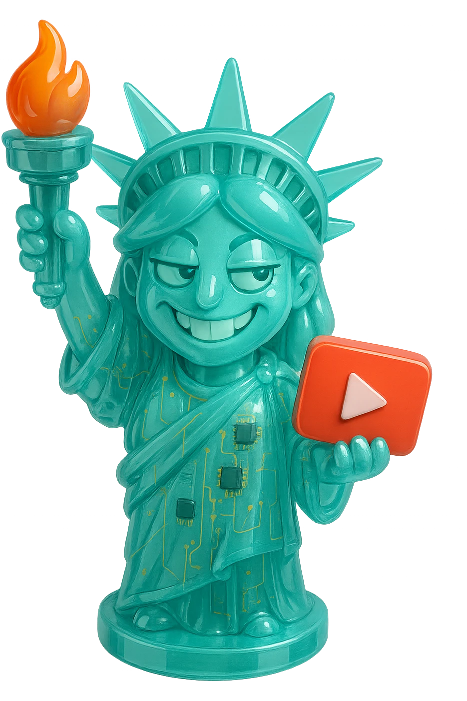 Statue of Liberty  with a playful sarcastic grin, red YouTube play button, glossy circuit style emoji