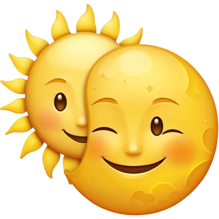 a really bright  big sun and a small moon who shines because of it. the sun is bigger and the tiny \moon bright too beside it smiling looking at each other emoji