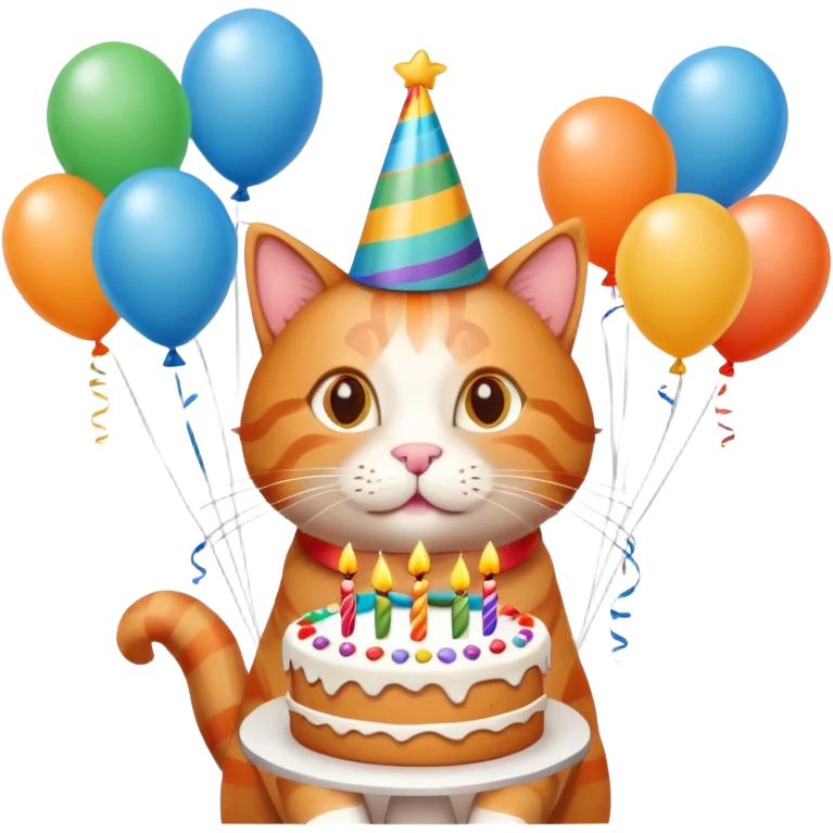 Ginger cat celebrates birthday, birthday hat, birthday cake, balloons, happy emoji
