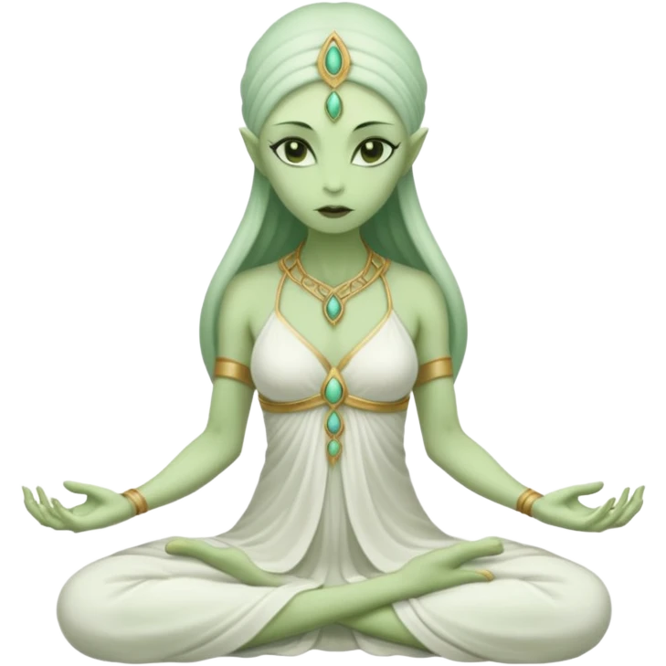 a Reptilian alien woman,in meditation, white dress like a priestess emoji