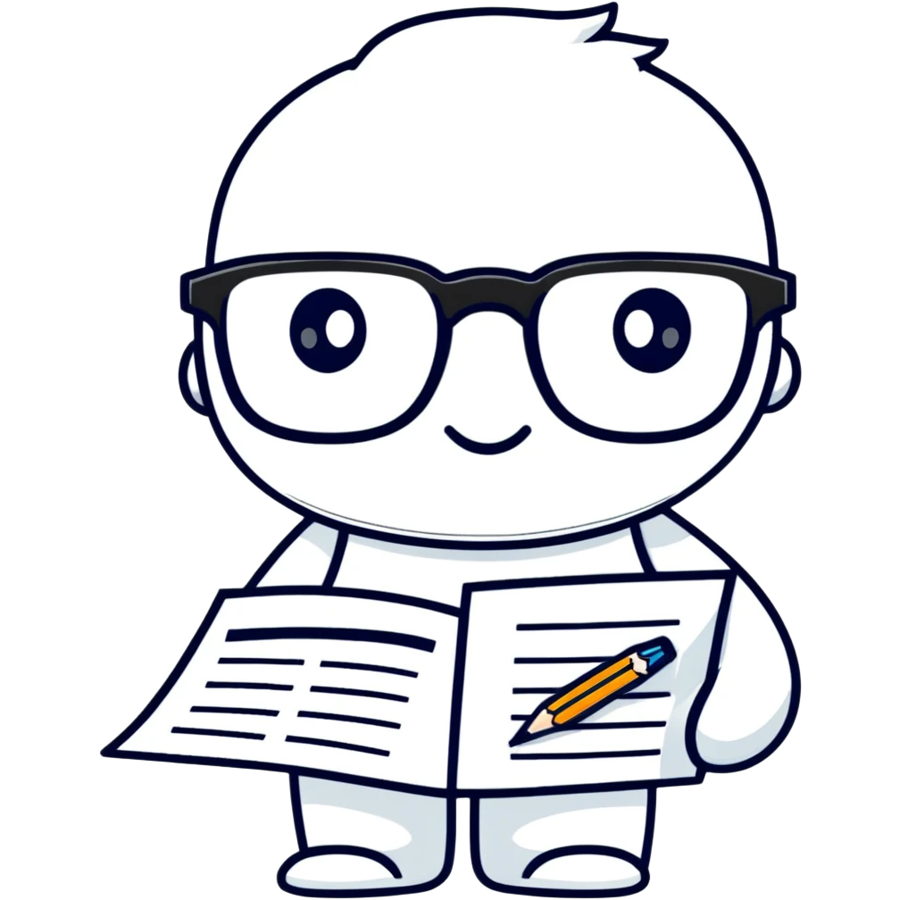 precise pencil character with glasses checking a document as a pedant mascot emoji