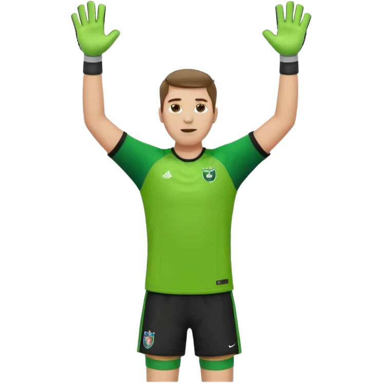 goalkeeper, standing, wearing a green shirt, shorts, socks and football boots, with arms raised emoji
