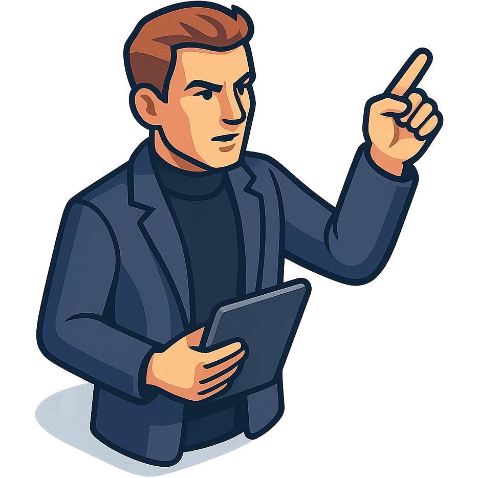 Bold and charismatic male leader, Caucasian, short auburn hair, sharp eyes, wearing indigo coat over black turtleneck, one arm raised giving direction, holding a tablet, waist-up emoji