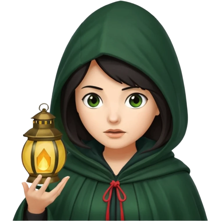 traitor tv show, dark haired woman wearing dark green cloak with hood up who looks very evil, is holding up a lantern, and is tilting her head down emoji