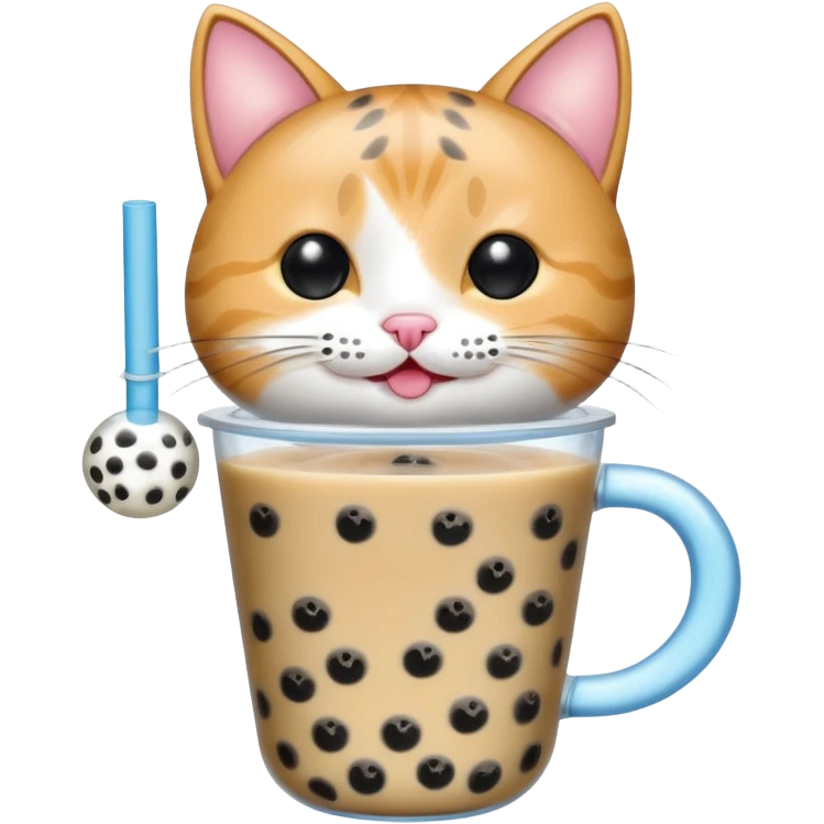cat drinking bubble tea, cat with happy face and bubble tea, blue background emoji