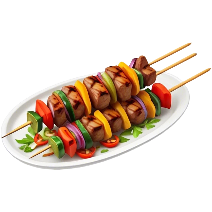 Cinematic Realistic Shish Kebab Dish Emoji, showcasing skewered, grilled meat with vibrant vegetables rendered with dynamic textures and warm, inviting lighting. emoji