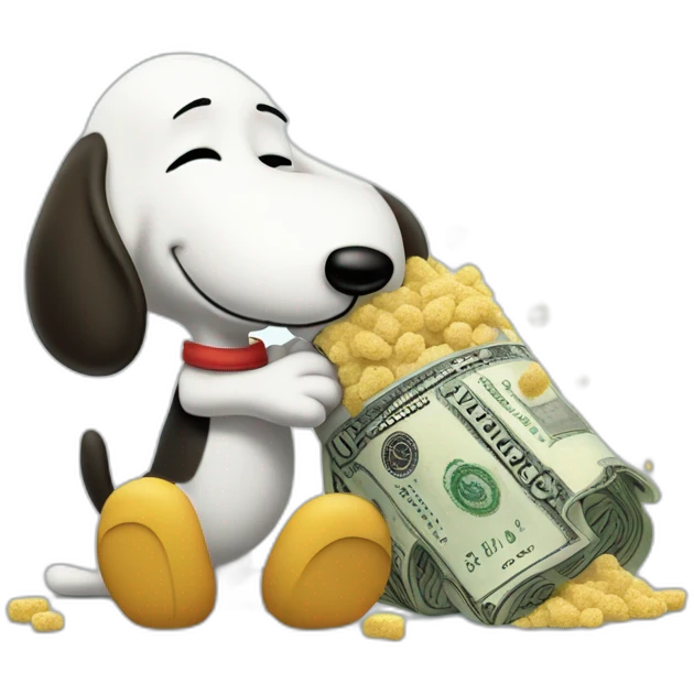 Rolled up dollar bill, held by snoopy in his paw hand pressed against his snout leaning over a pile of sugar and sniffing a pile of sugar through the dollar emoji