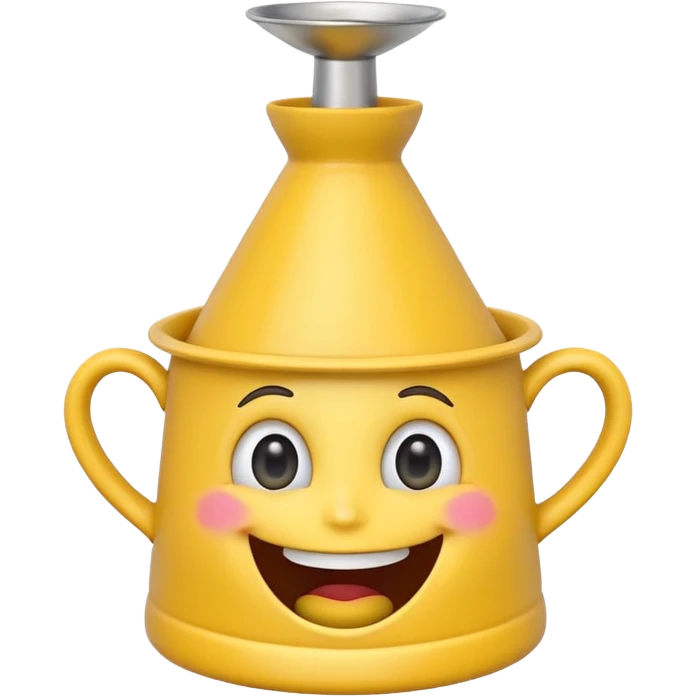 Crazy laughing emoji on upside-down kitchen funnel on its head (not a hat), wide smile, big eyes, cartoon emoji style, bright colors. emoji