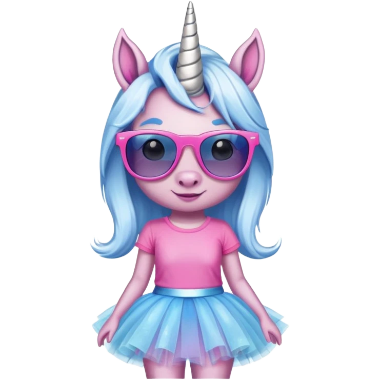 head and shoulders portrait of a friendly anthropomorphised female unicorn in tutu and pink t-shirt, wearing dark sunglasses, blue and silver color scheme emoji