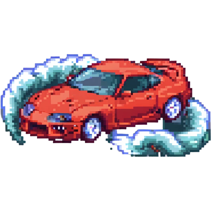 Toyota Supra drifting, pixel art style, smoke effects, dynamic pose, arcade racing game vibe emoji