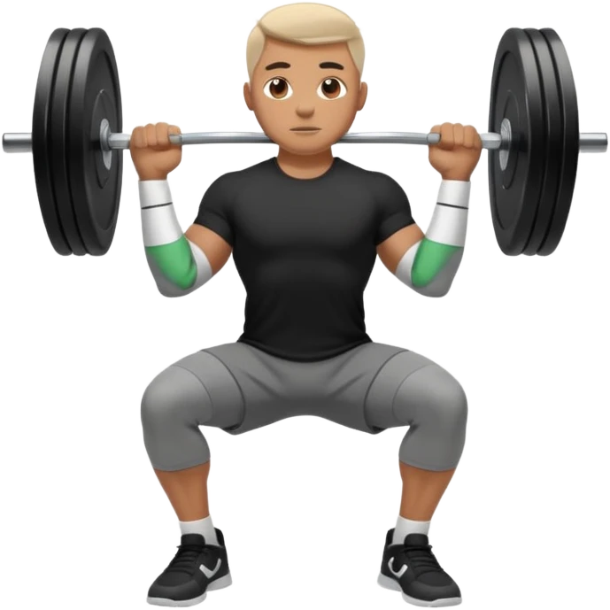 Hombre vestido con playera negra, pants gris y tenis blancos tipo jordan haciendo sentadilla libre con barra con un disco de 20 kilos por lado  emoji