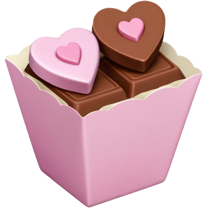 Two square milk chocolate , Each praline is a sharp-edged cube with smooth glossy chocolate coating, placed in a small white fluted paper candy cup. On top of each cube is a flat pastel pink heart-shaped icing emoji