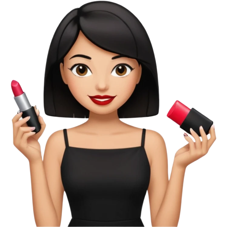 black short shoulder length hair tanned woman, black dress doing girly things emoji