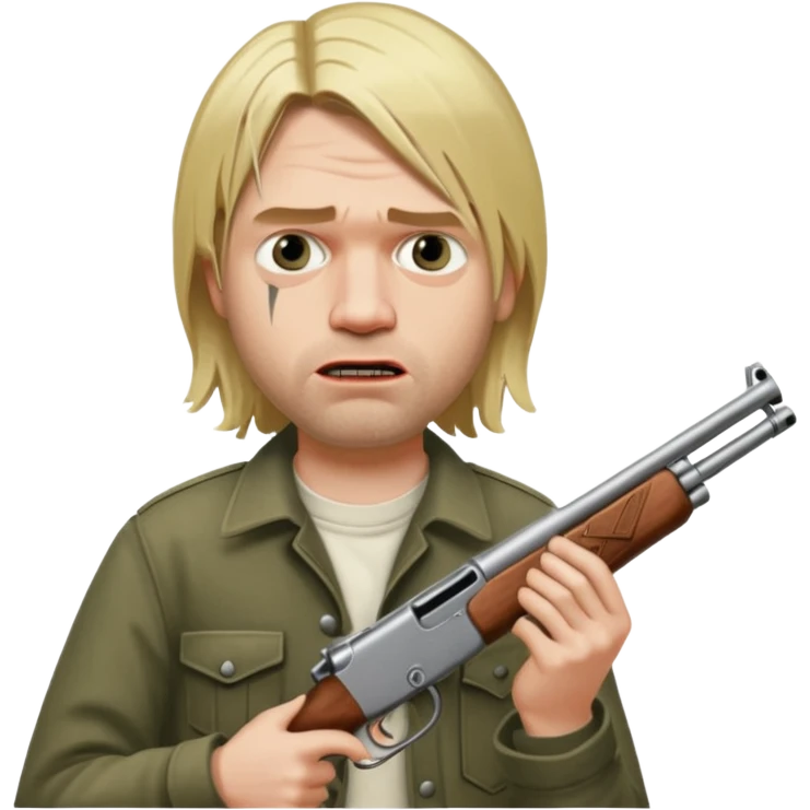 Kurt Cobain thoughtfully holds a double-barreled shotgun aimed at his open mouth. emoji