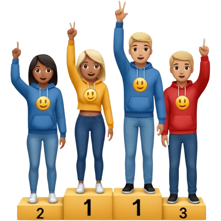 three multi-racial people on a winners podium with the center step higher, no numbers, all in fun jeans and hoodies, center person holds up one finger on each hand to signal number one, excited, fun, expressive emoji style emoji