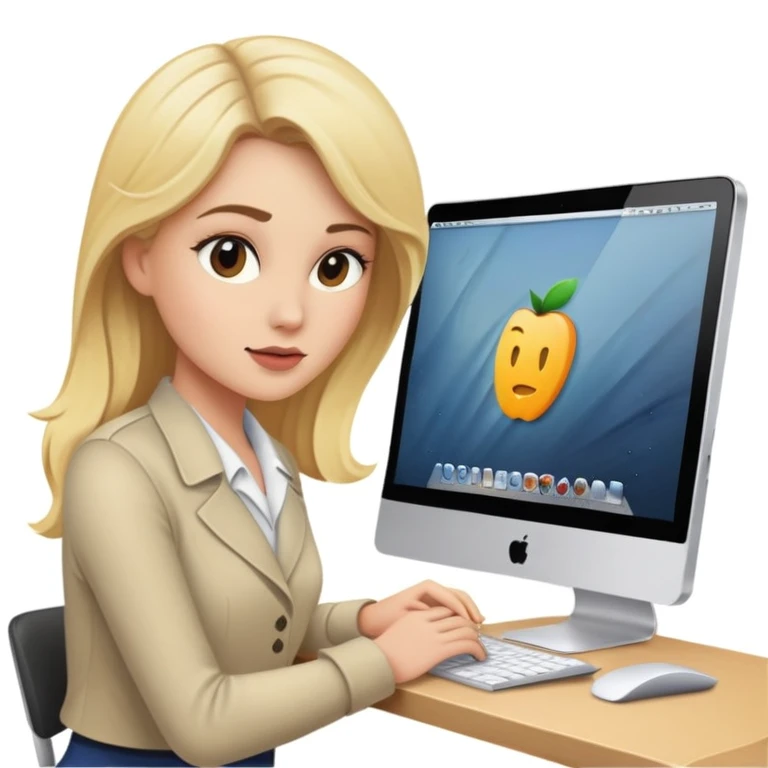blonde woman working in front of her mac emoji