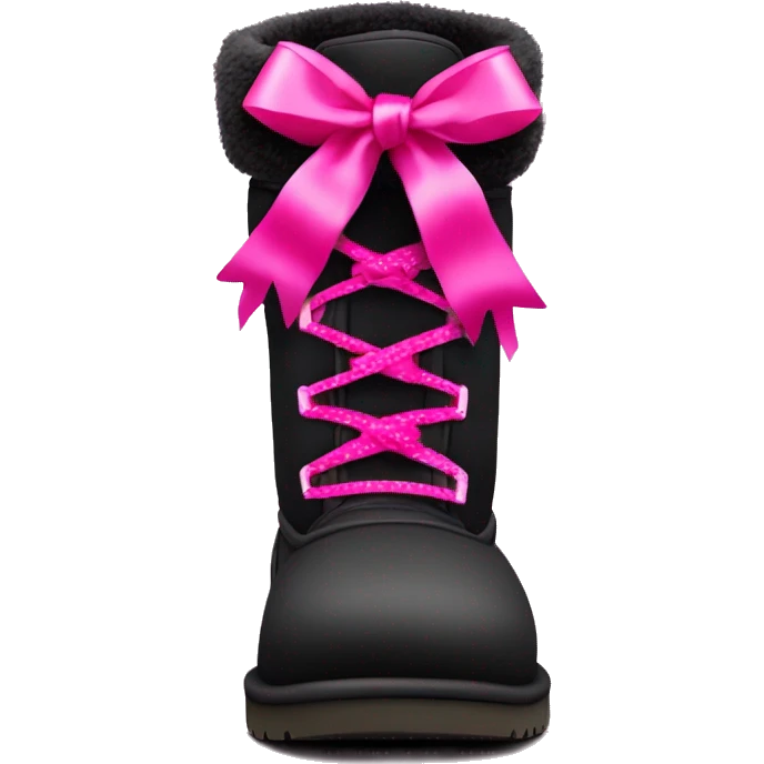 Pair of black and hot pink Ugg fur boots laced up with pink silk ribbon bows. emoji