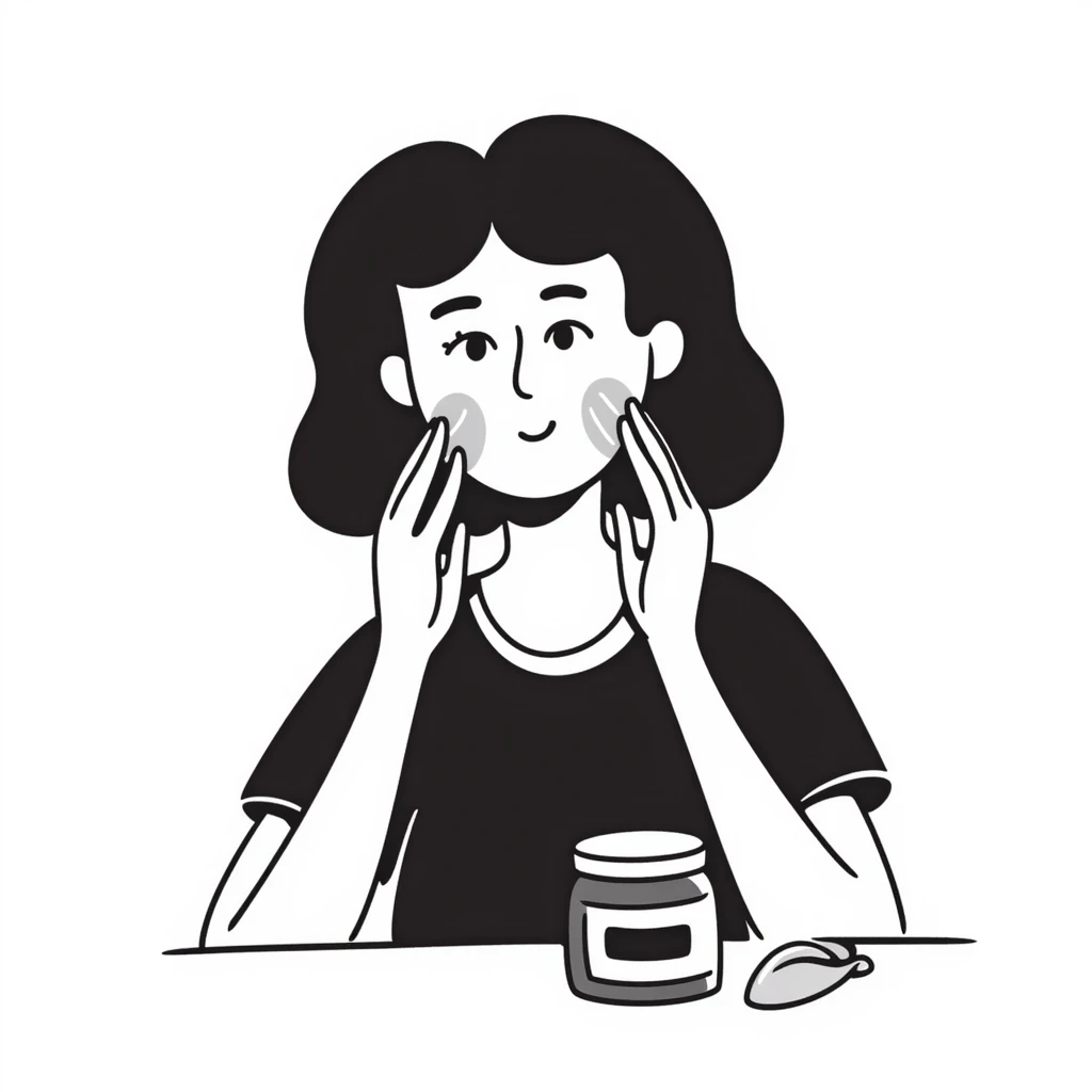 moça aplicando creme facial, linhas desenhadas à mão, visual leve emoji