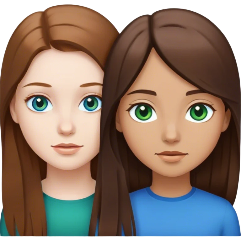 Two girls. One with pale skin, medium length brown hair, and blue eyes. The other with white to tan skin, long brown hair, and green-blue eyes emoji